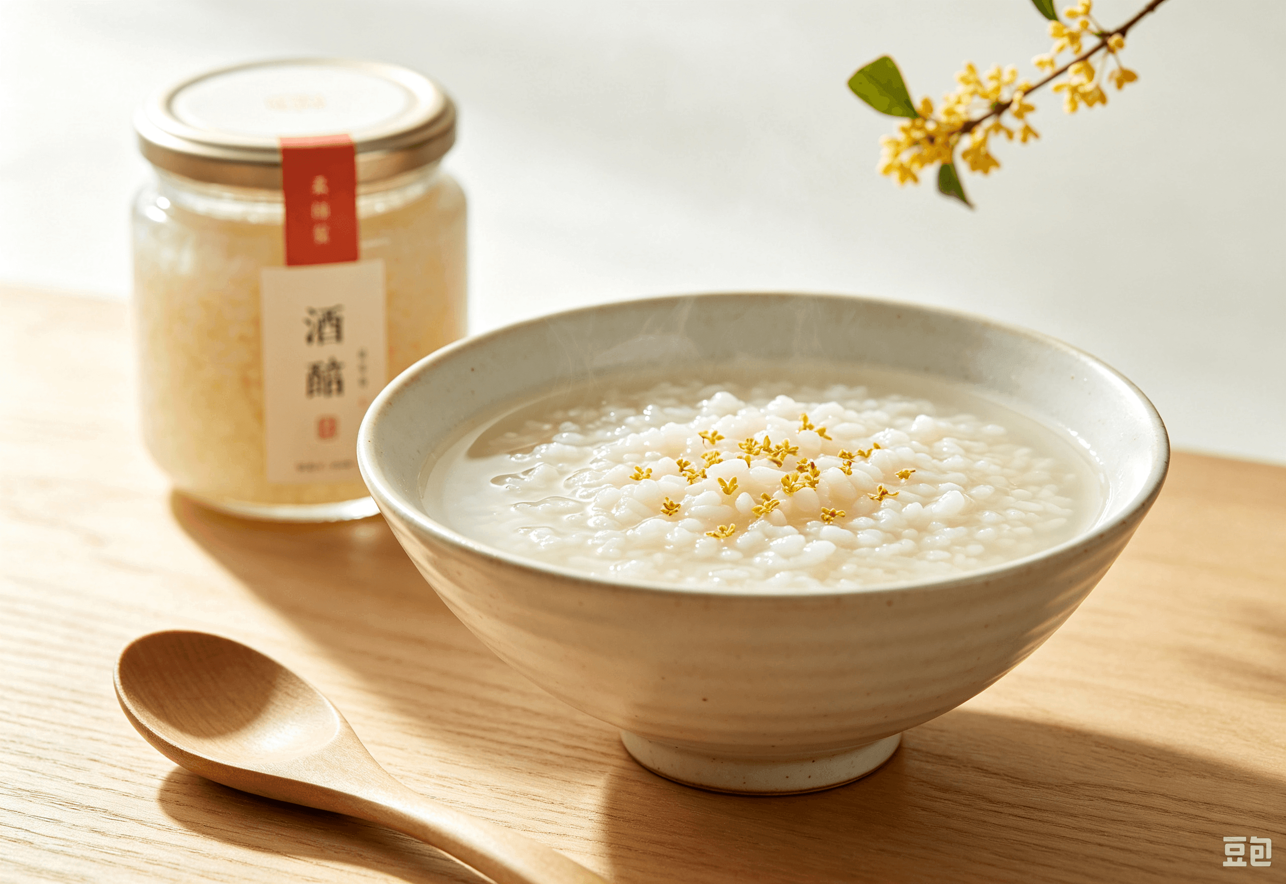 酒酿碗、桂花和手作罐的温暖场景